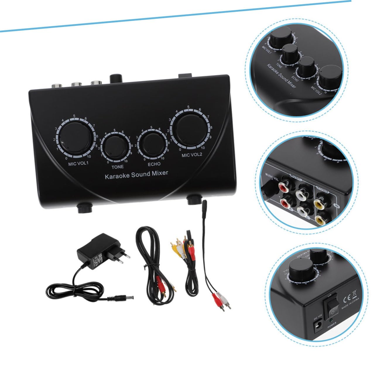 Mikinona Mezclador para Karaoke Profesional con Dos Entradas de Micrófono, Ajuste de Volumen Independiente, Color Negro, Material Abs y Cobre, Adecuado para Escenarios y Empresas