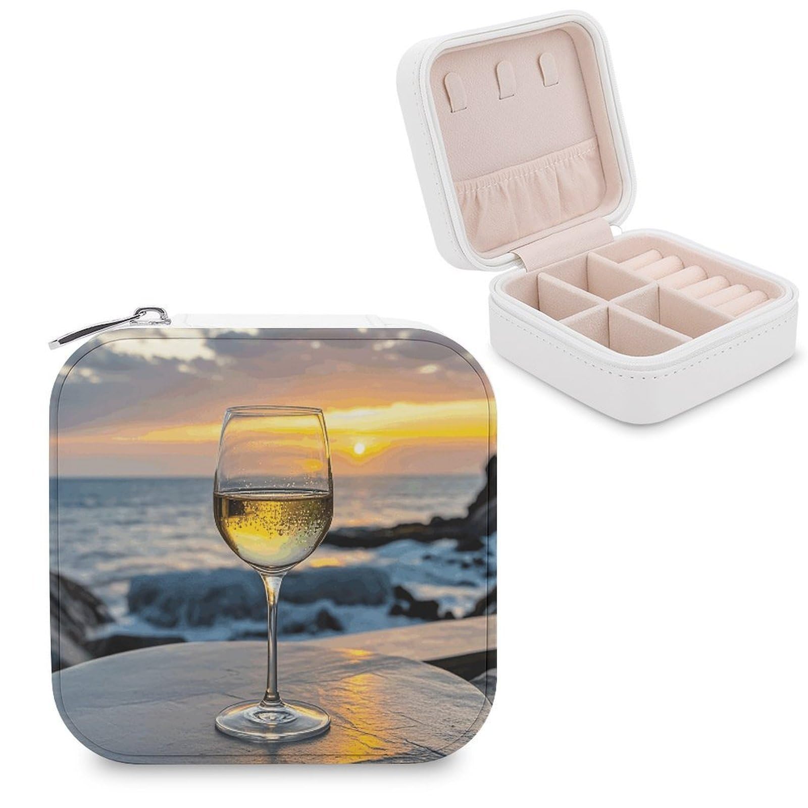 VstaDank Sunset Wine Glass Jewelry Organizer Travel Case for Women With Zipper Mini Jewelry Case PU Leather Jewelrys Box for Rings Necklaces Bracelets Earring Holder Organizer Storage