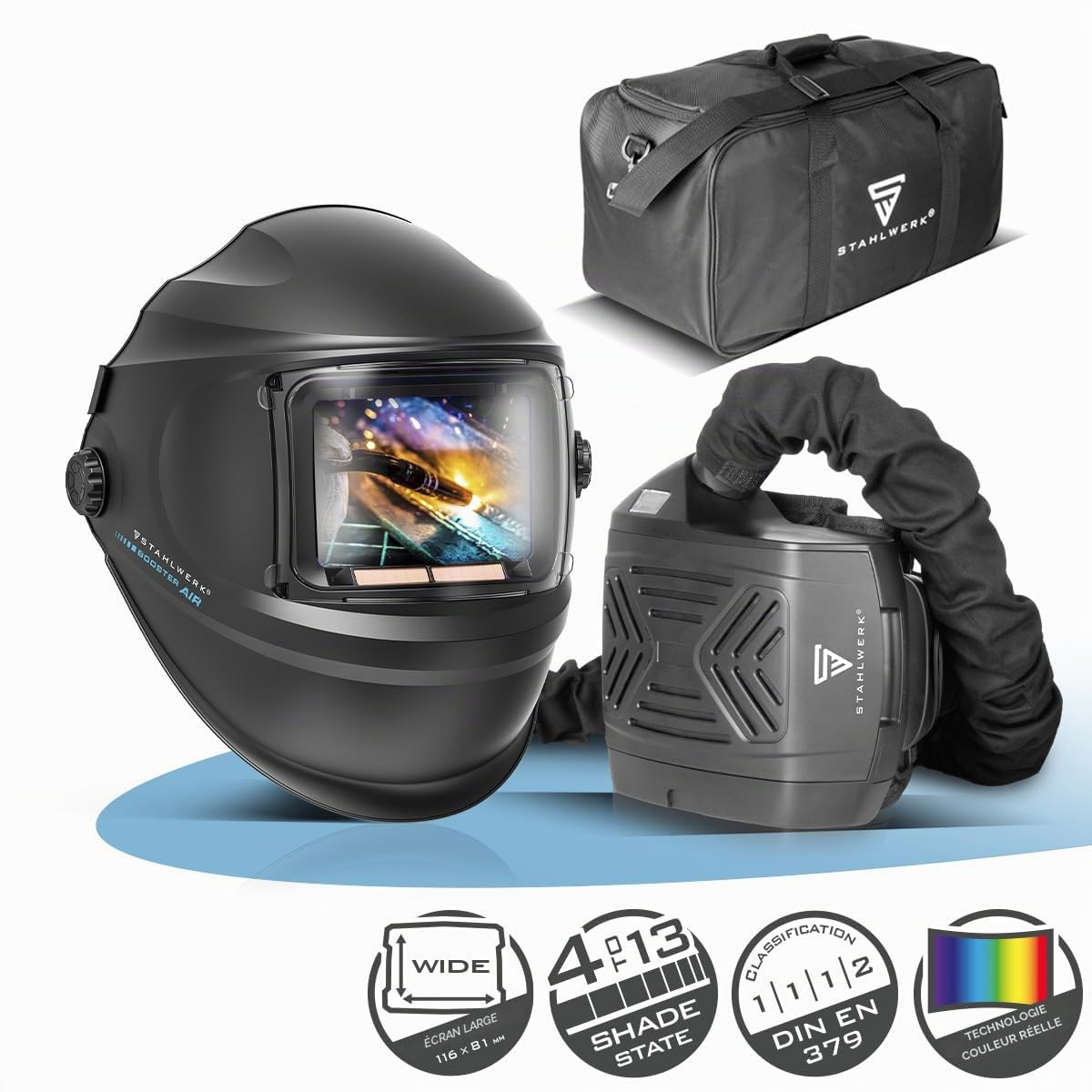 STAHLWERK Casque de soudage Automatique 3-en-1 Booster AIR – Masque de Soudeur avec Adduction d'air assistée, système PAPR, True Colour, obscurcissement Auto. DIN 4-13, Classe Optique 1/1/1/2