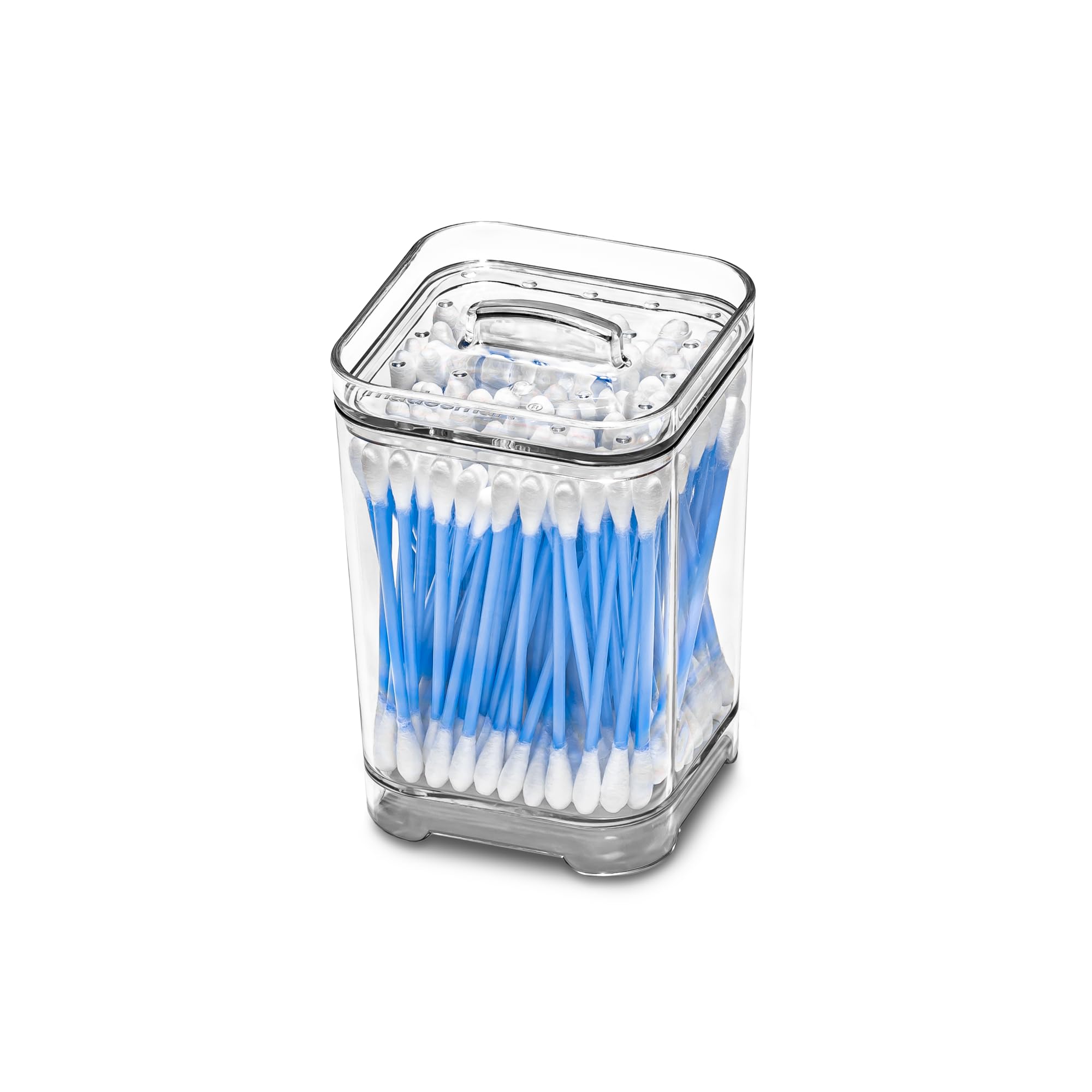 madesmart Cotton Swab Container Clear Collection Bathroom Canister with Premium Lid for Q-Tips Makeup Rounds Vanity Essentials Clear