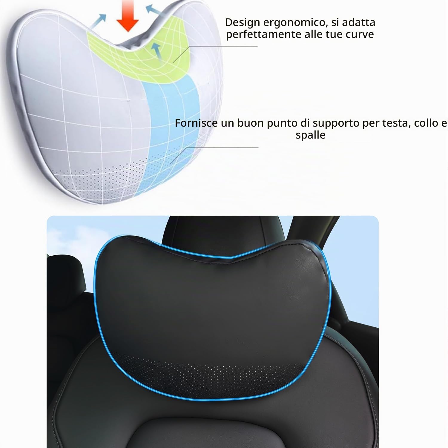 TOPABYTE 2x Cuscino Poggiatesta Auto, Supporto Testa per il Collo per lo Schienale dell'Auto in Vera Pelle Nappa Cuscini Cervicale per Sedile Auto Guidatore, Confortevoli e Traspiranti, Nero