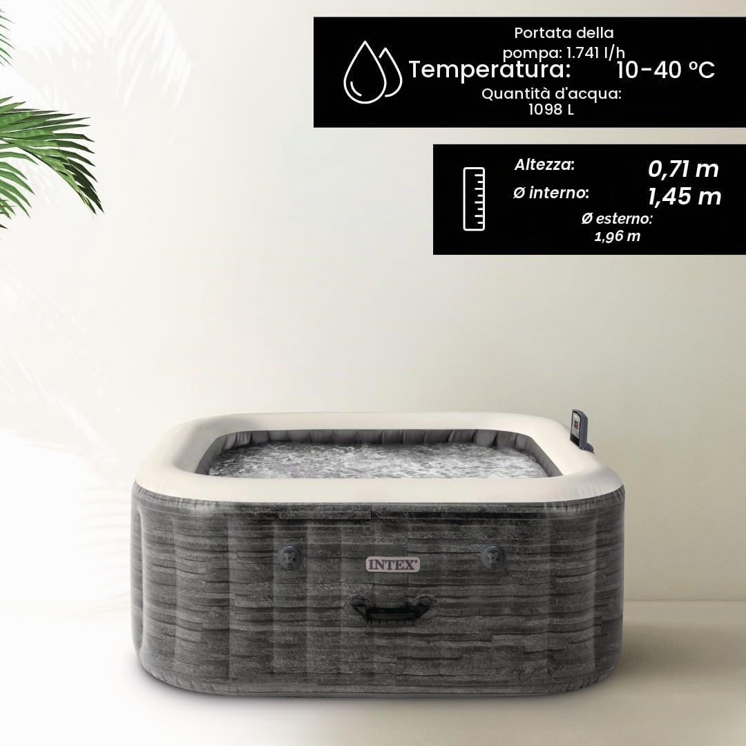 Intex 28452EX - PureSpa Vasca Idromassaggio Greystone Deluxe Quadrata, 6 posti, 170 Getti, Riscaldatore, PVC, Grigio, 195x195x71 cm