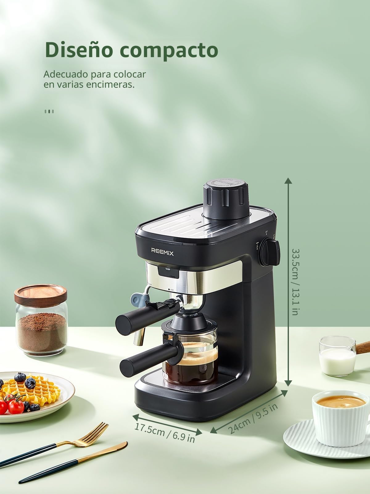 Reemix Máquina de Café Espresso Manual 6 Bar para Café Molido, Cafetera Compacta con Función Vapor y Espumador de Leche, Cappuccino Cremoso, Calientatazas, Jarra de Cristal, Negra
