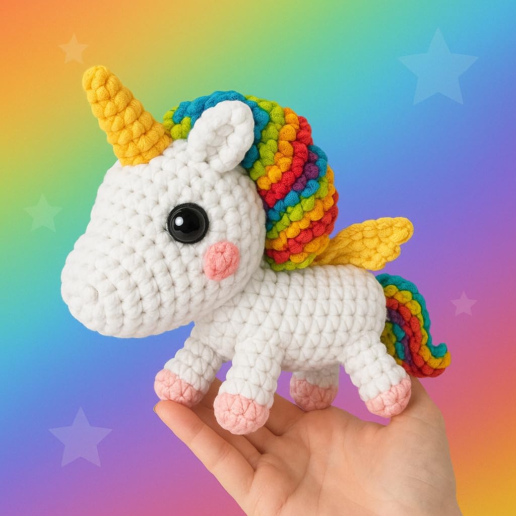 Rainbow Unicorn Crochet Kit for Beginners - Complete Amigurumi Crochet Starter Set with Yarn, Hook, Stuffing, Step-by-Step Video Tutorials - DIY Craft