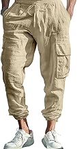 OLIPHEE Pantalon Cargo Homme en Lin Taille Elastique Pantalon de Travail Homme avec Cordon de Serrage et Poches Décontracté Respirant Sportswear