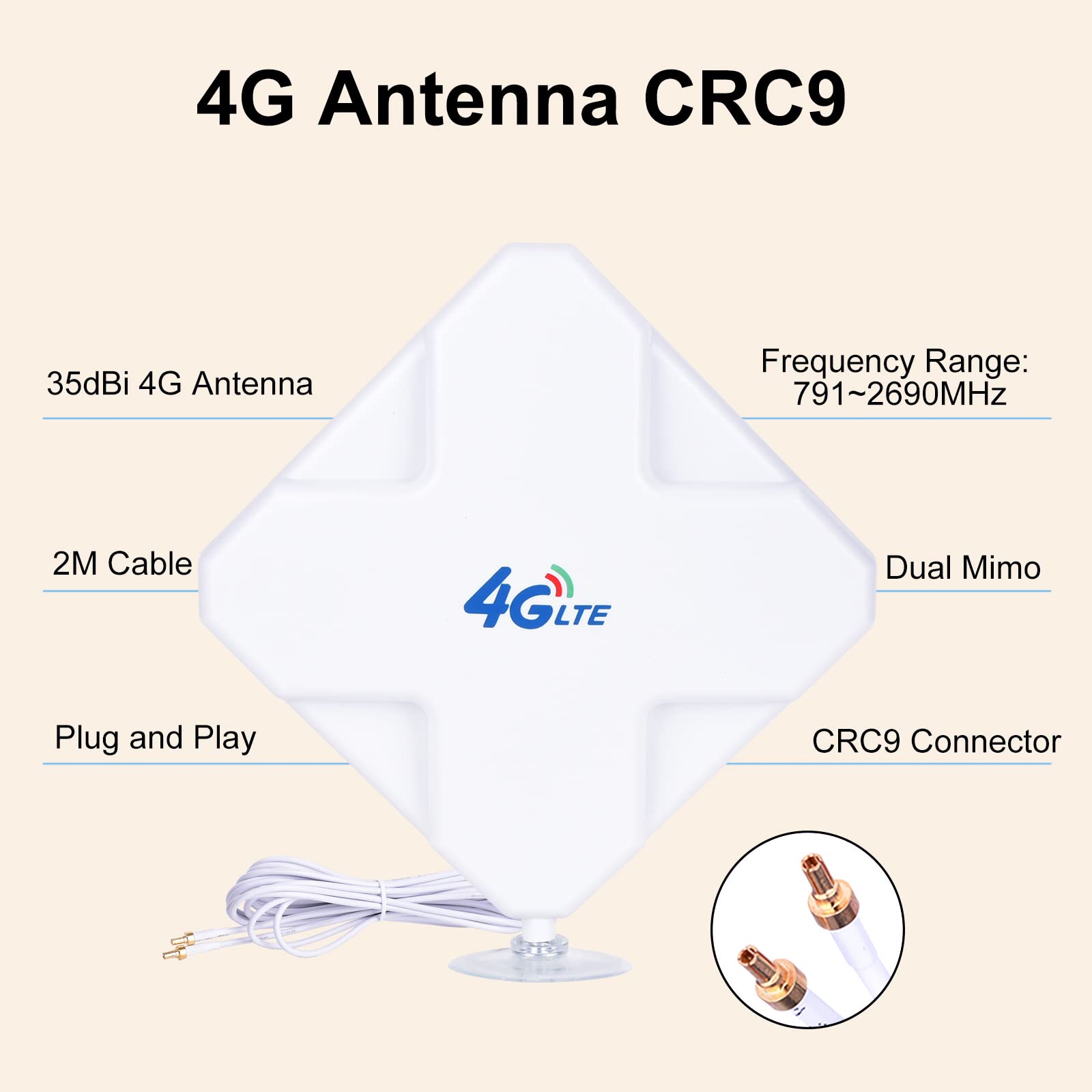CRC9 4G Hochleistungs LTE Antenne 35dBi Dual Mimo Netzwerk Ethernet Verstärker-Antenne Signalverstärker für Huawei EC3372 E5377 E160 E160E E173 E1820 E367 E3131, WiFi Router Mobiles Breitband (CRC9)