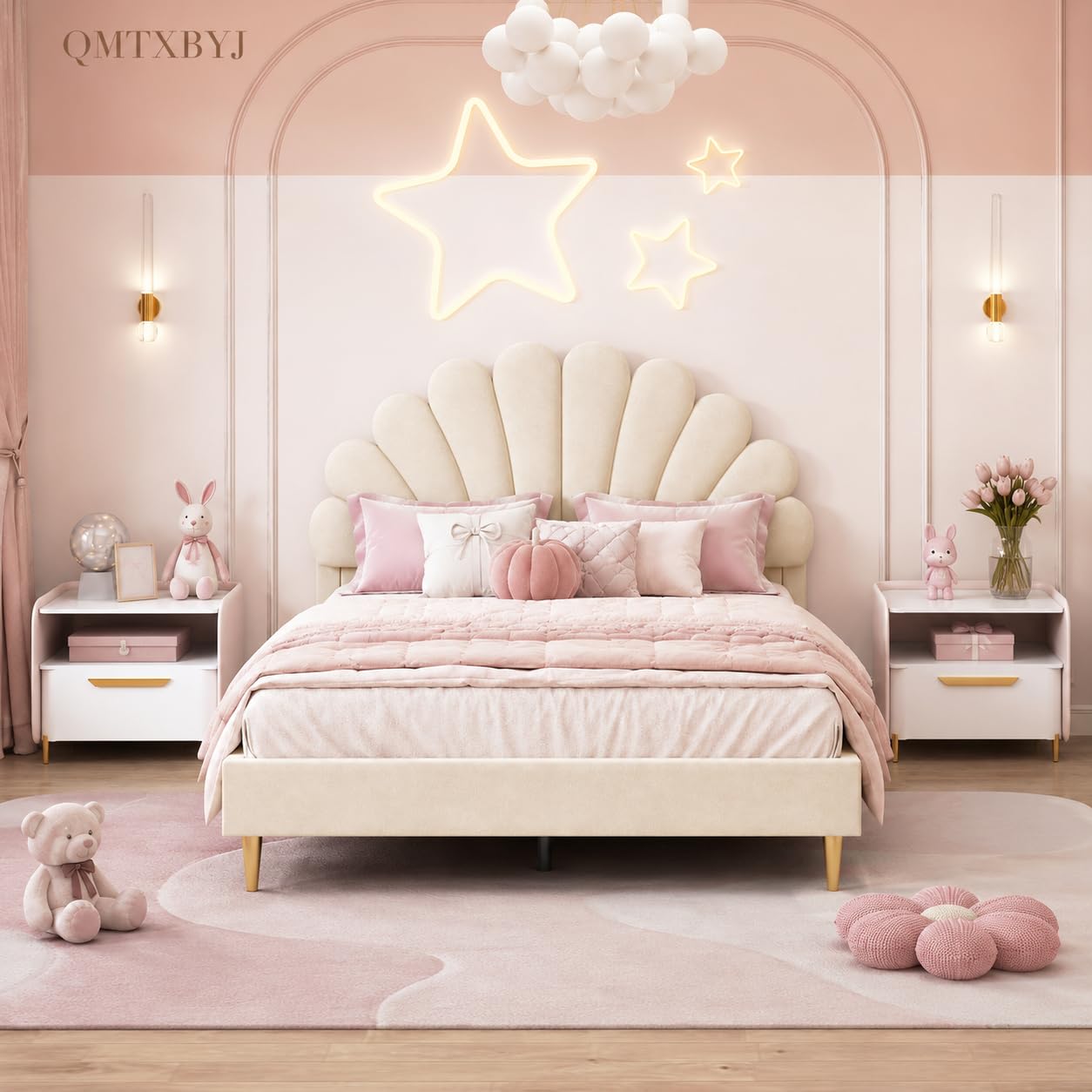 Polsterbett 140x200 mit Kopfteil in Blumenform, Doppelbett 140x200 für Mädchen, Kinderbett Bettgestell mit Lattenrost, Jugendbett Gästebett aus Samtstoff, für kinder/Erwachsenen, Ohne Matratze