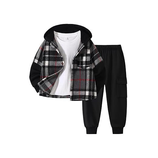 2Pcs Kids Boys Flannel Plaid Shirt Tops Pants Set Hoodie Sweatsuit for Fall Winter Spring Outfits 4-12 Years