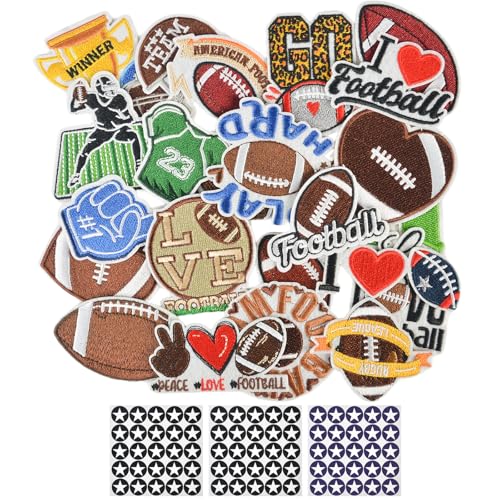 98PCS Football Iron On Patches Set Includes 23 Styles Embroidered Football Patches for Hats & 75 PCS Star Stickers Rugby Sport Embroidered Applique Patches for Jacket Pants Backpack Hat DIY Crafts