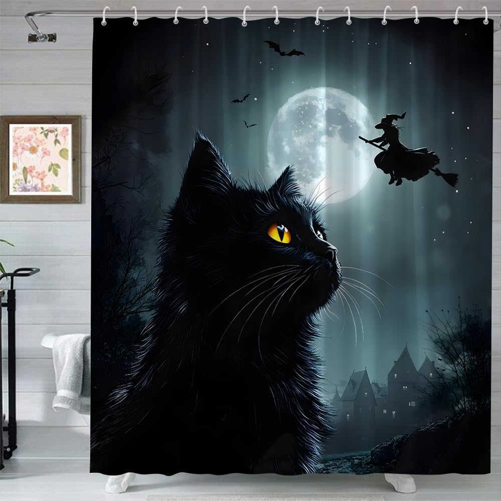 Halloween Black Cat Shower Curtain Spooky Dark Night Gothic Kitten Full Moon Witch Horror Bats Castle Dead Tree Mystical Forest Farmhouse Animal Bathroom Polyester Fabric Bathroom Curtain with Hooks