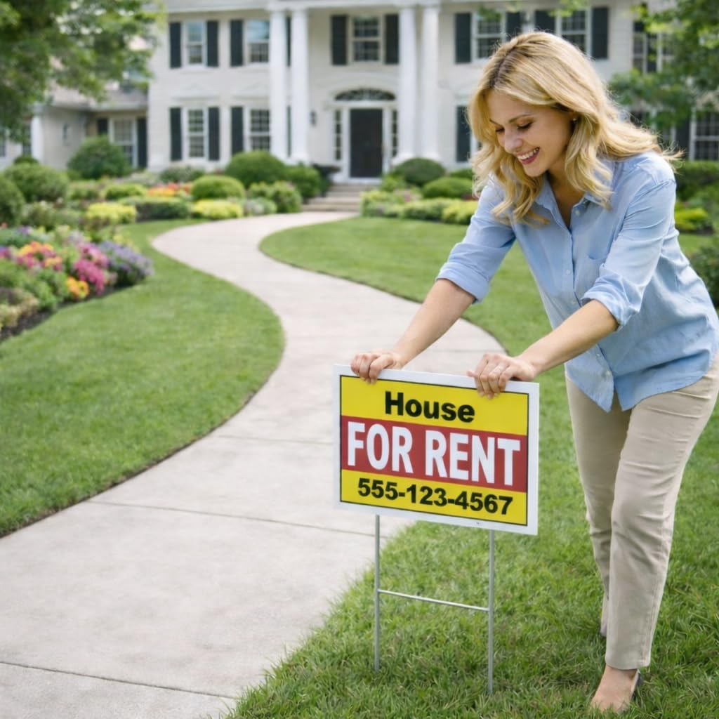 Custom For Rent Yard Signs – 10 Pack – 12” x 18” Double-Sided Outdoor Sign with Metal H Stake – Weather Resistant Plastic