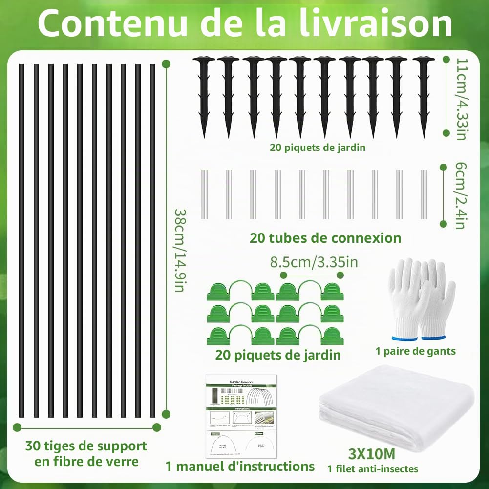 30Pcs Arceau pour Serre Tunnel, Arceaux de Jardin, avec 20 Clips, Tubes de Connexion, Piquets de Sol, Gant et Filet 10m, Arceaux de Support Amovibles en Fibre de Verre pour Plantes d'Extérieur