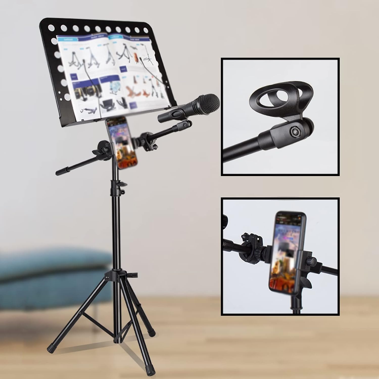 Folding Travel Holder Violin Music Stand, Metal Music Stand, Sheet Music Stand With Microphone Clip, Sheet Music Stand With Handbag,with Phone Holder,Applied To Live Broadcast,black Sheet Music Stand