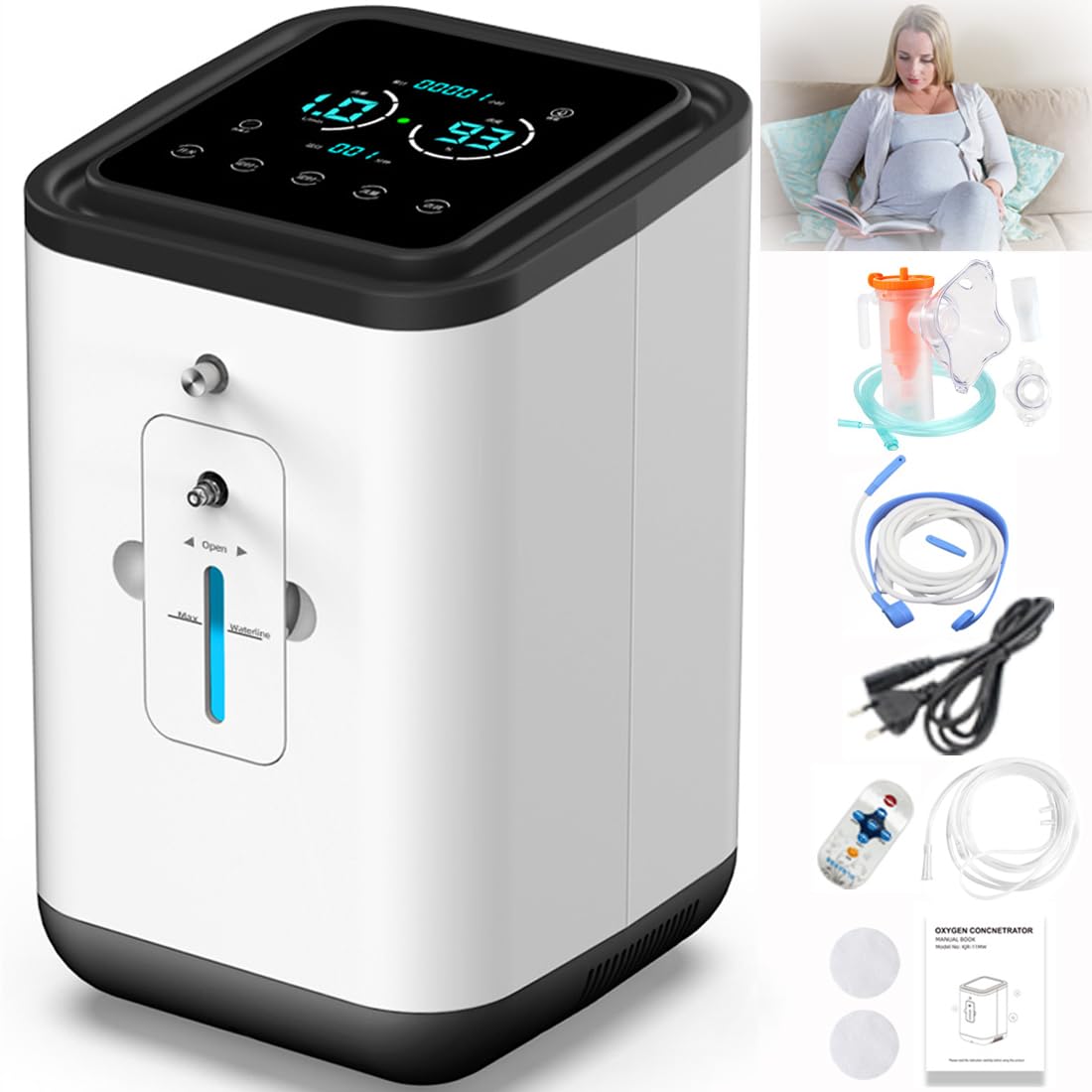 Concentratore di ossigeno, macchina per ossigeno domestico, concentratore di ossigeno domestico ad alta purezza al 93%, regolabile 1-7 l/min, 45 db, silenzioso, con funzione di atomizzazione