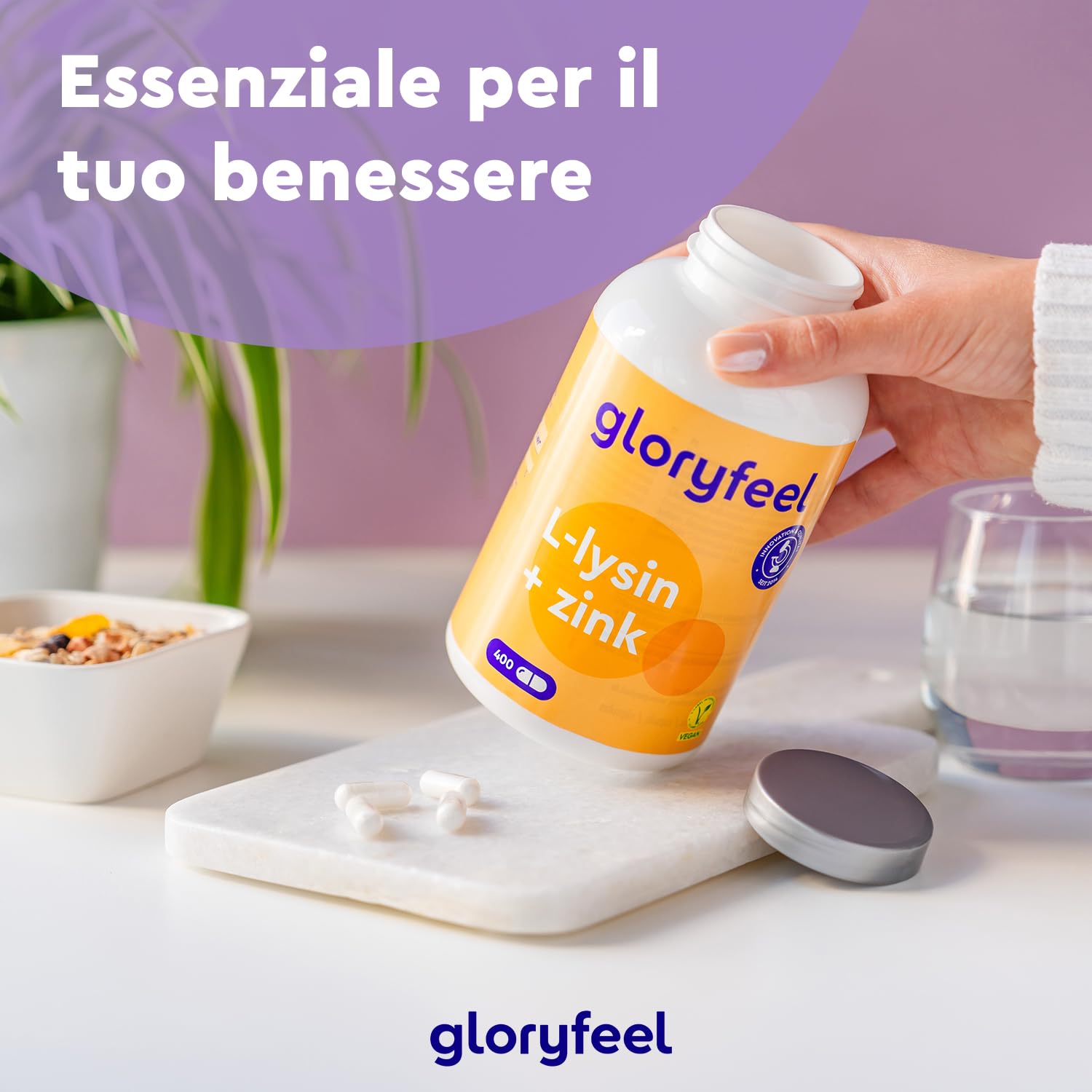 L-Lisina, 400 Capsule, 1.000 mg di L-lisina + Zinco 1,5 mg per Dose Giornaliera, da Fermentazione Vegetale, Vegana, ad Alto Dosaggio, Senza Additivi, Prodotta e Testata in Laboratorio in Germania