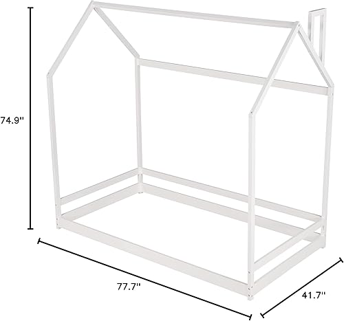Miniatura 8 de Merax Cama de madera de tamaño individual con valla y puerta, marco de cama de madera con techo para adolescentes, niños o niñas, color blanco