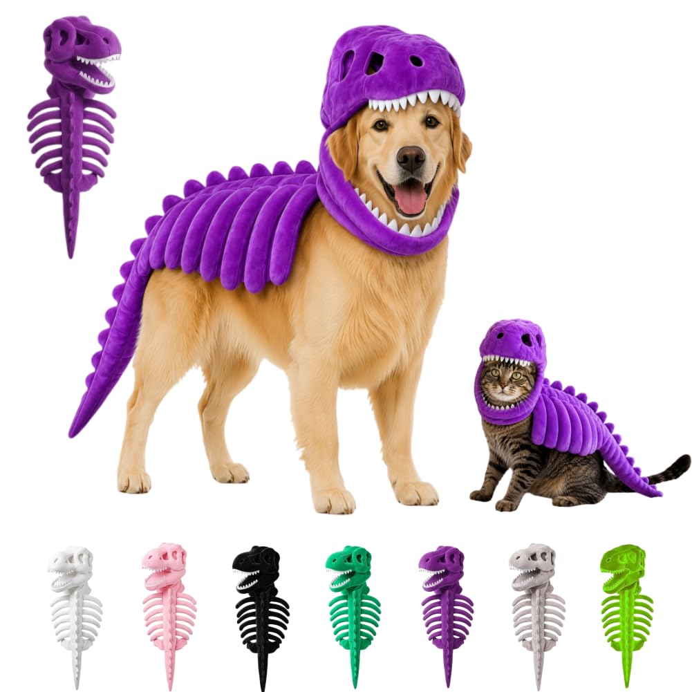 Dinosaur Skeleton Cat dog Costume,3D Skeleton Design (Purple, XL(35.43))