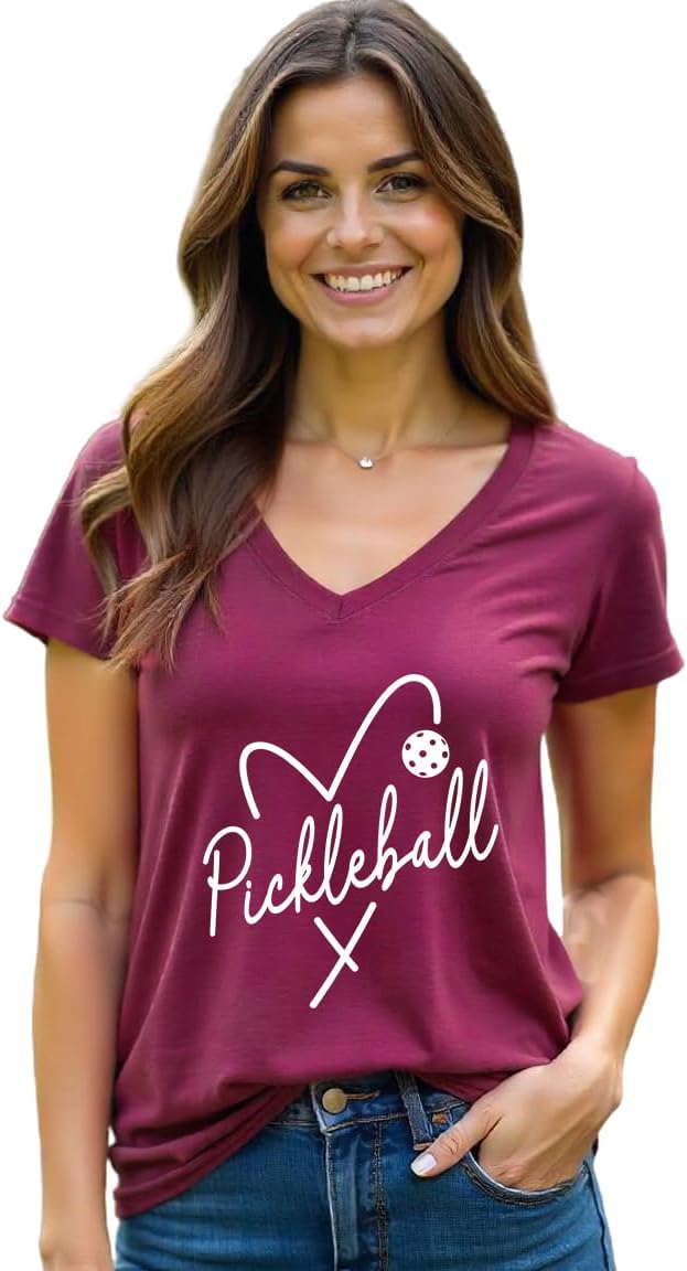Pickleball V-Neck T-Shirt for Women Pickleball Lovers Heart Graphic Short-Sleeve Top - Image 2