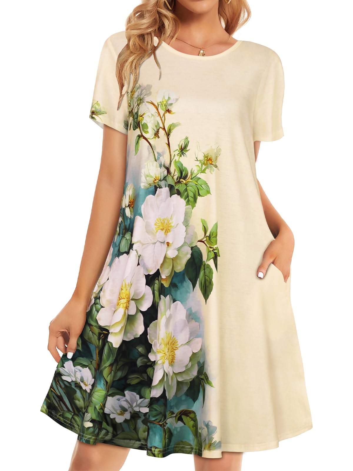elescat Womens Summer Dresses Casual Loose Tshirt Floral Pockets Sundress | 2026 Boho Flowy Short Sleeve Dress, Two Hidden Pockets, Loose Beach Cover Up, Solid or Floral, Fashion Vacation Outfits