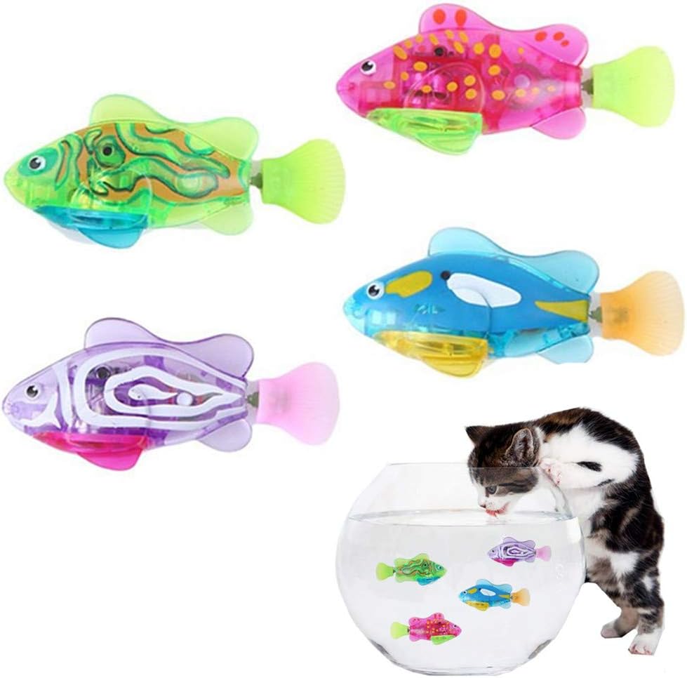 SEALEN 4Pcs Cat Interactive Toy, Electric Artificial Swimming Fishes, Automatic Cat Pounce Teaser Toy with LED Light for Pet Cat Kitten (Random Color)