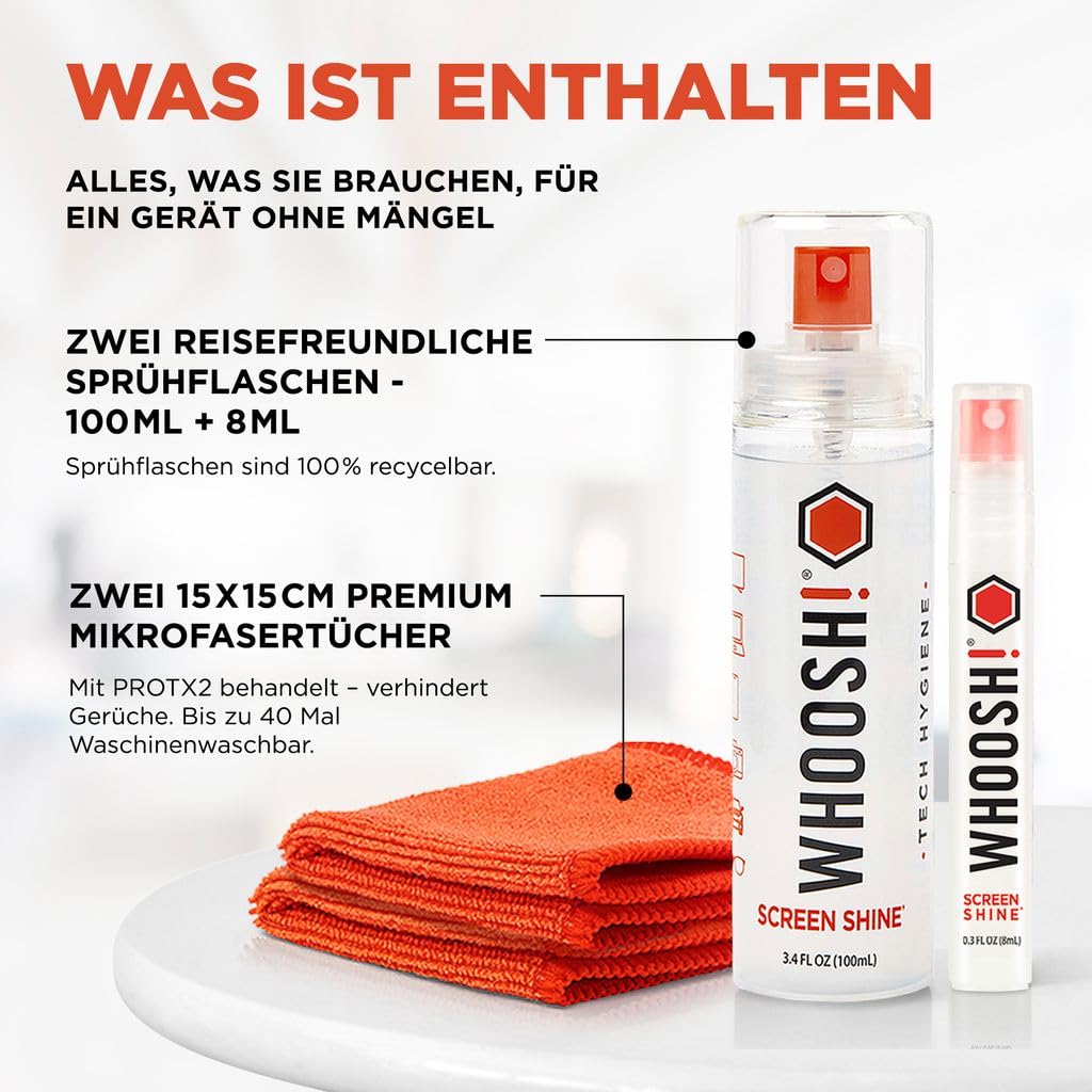 WHOOSH! Screen Cleaner Spray und Tücher - 100 und 8 ml + 2 Mikrofasertücher - Duo mit Flaschen in Standard- und Reisegröße für TV, Auto, Computer, Laptop, MacBook, iPad, Handy, Kamera, Brille, Uhr | Duo mit Flaschen in Standard- und Reisegröße für TV, Aut