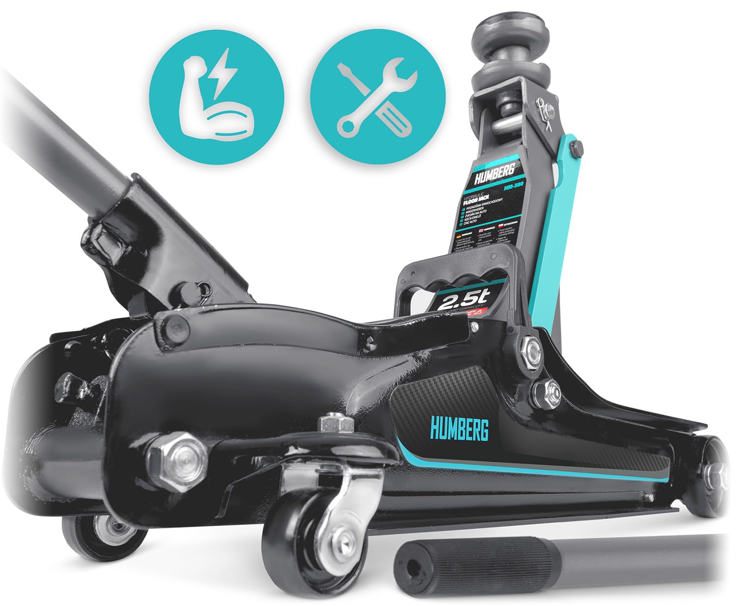 Humberg Cric idraulico per auto, a basso profilo 2,5T, 80-360 mm, 2 cuscinetti in gomma, colore nero, blu
