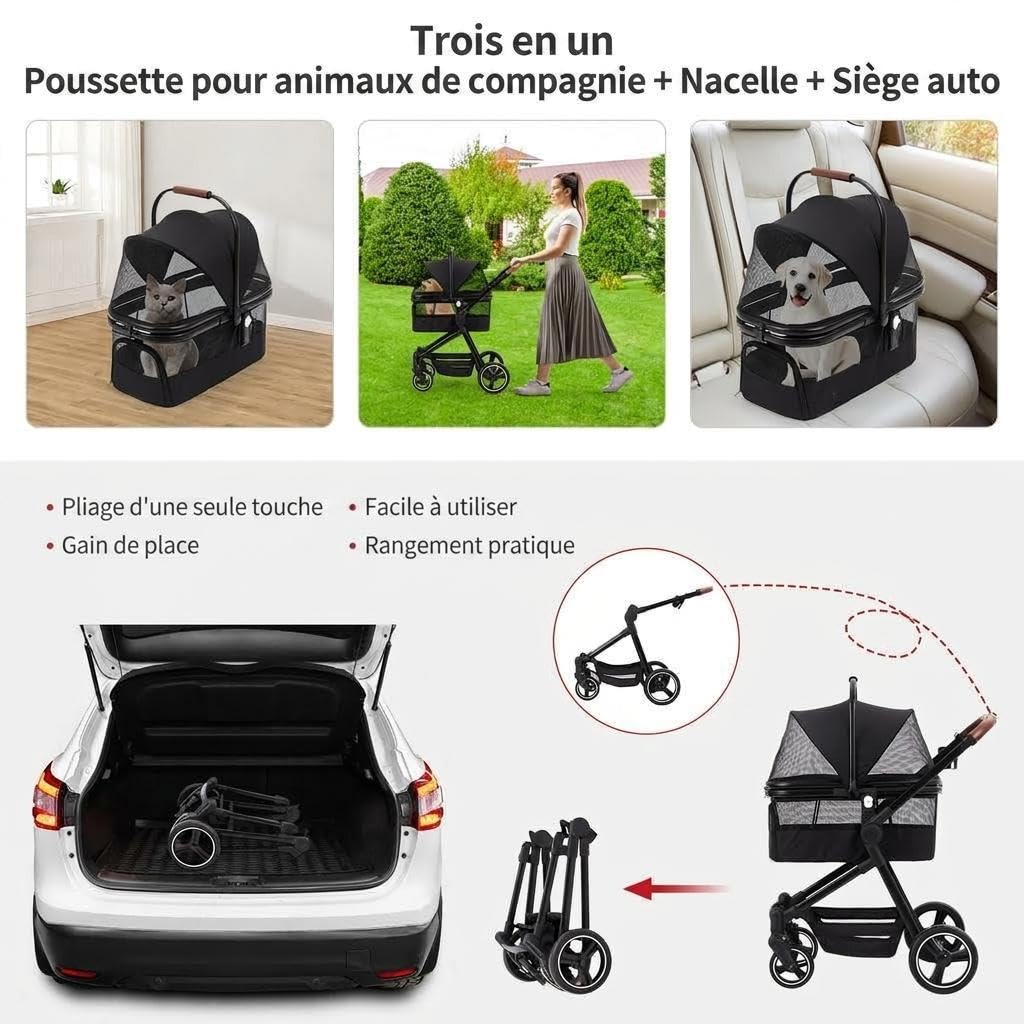 Passeggino pieghevole 3-in-1 per cani e gatti fino a 22 kg - Ruote ammortizzate, finestre in rete, cesto portaoggetti, portabicchieri, copertura antipioggia -nero