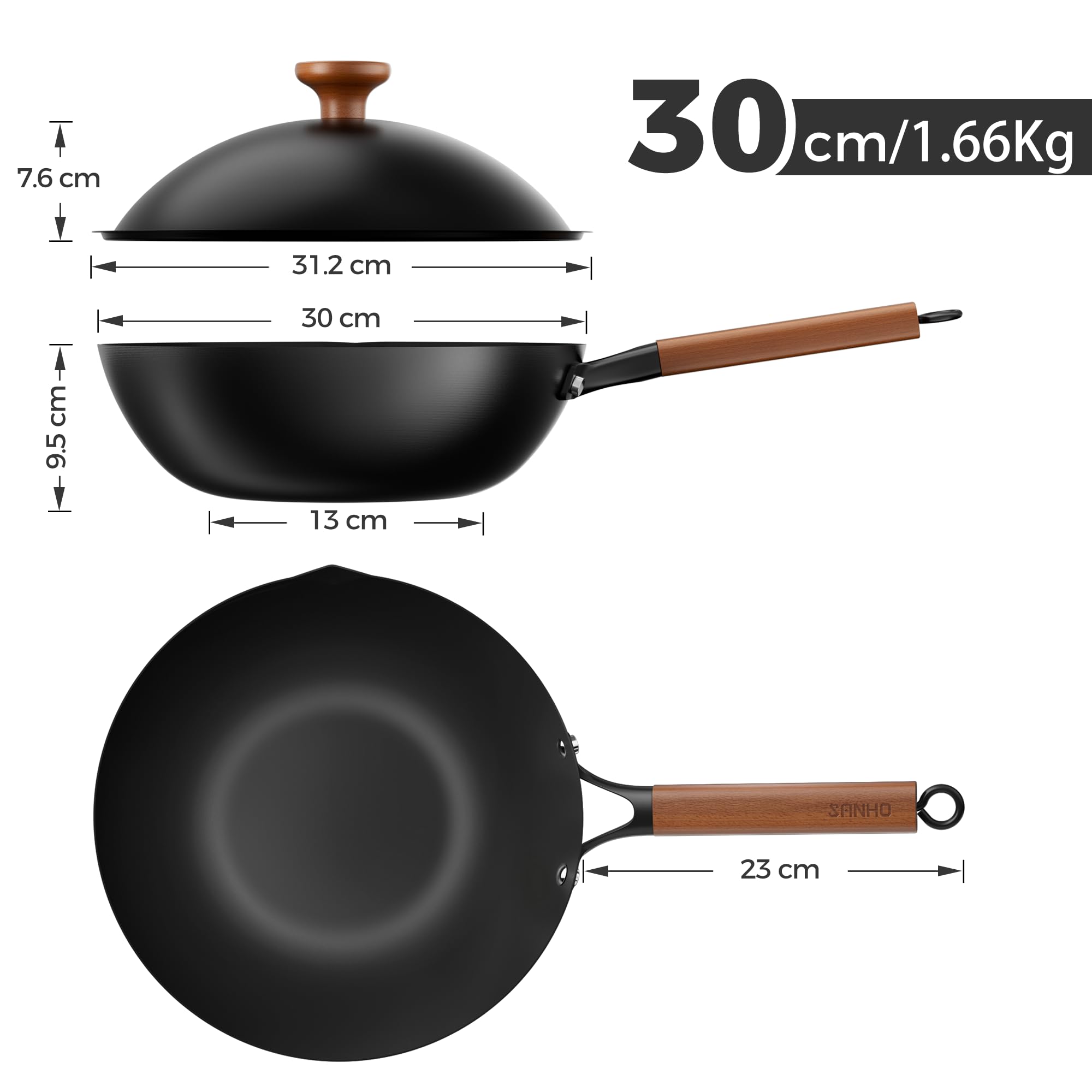 Sanho Wok antiadherente de 30 cm con tapa, sartén wok de inducción sin revestimiento químico y gran capacidad para 3-5 personas, fondo plano, adecuado para inducción, cocinas eléctricas y de gas