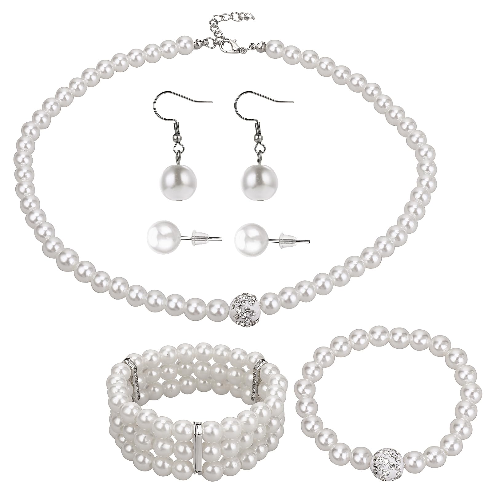 5 Piezas Joyería de Perlas Conjunto de Collar de Perlas de Imitación Conjunto de Collar y Aretes de Perlas Blancas Mujer Collar de Perlas Pulsera y Pendientes Recuerdos de Fiesta de Cumpleaños y Boda