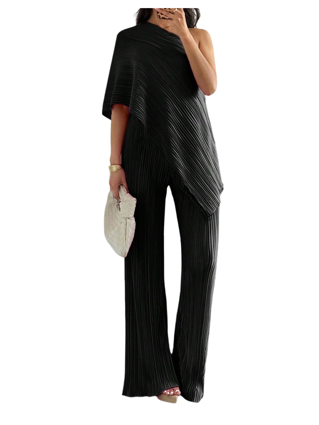 Photo 1 of MakeMeChic Women's Asymmetrical Set 2 Piece Striped One Shoulder Pants Set Elegant Work Suit Black Large