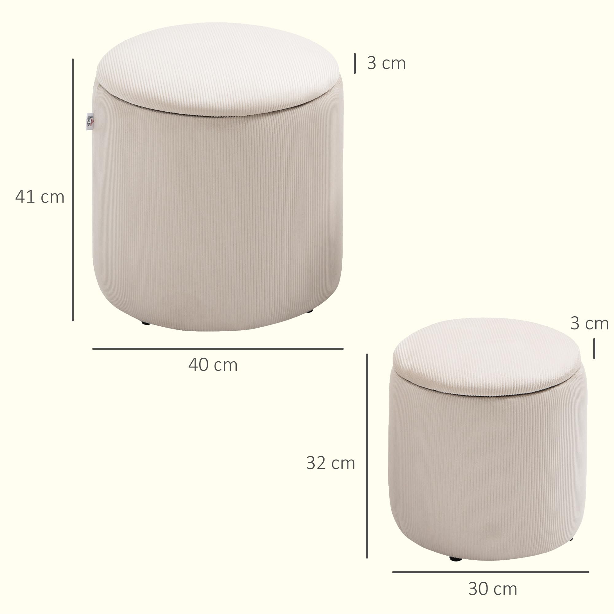 HOMCOM Set di 2 Pouf Contenitore Salvaspazio in Velluto a Coste, Sgabelli Imbottiti Rotondi con Coperchio per Salotto e Camera da Letto, Pouf Poggiapiedi Moderno, Carico 100kg, Bianco Crema