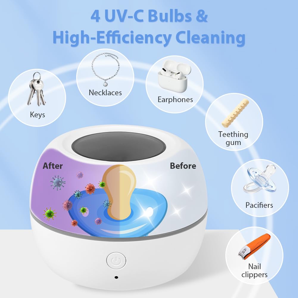 HOTUT Sterilizzatore Portatile per Ciuccio,Sterilizzatore per Succhietti a Luce UV,Sterilizza in 3 minuti Uccide il 99% dei germi,Ricaricabile USB-C,Disinfettante per Succhietti da Viaggio per Ciucci