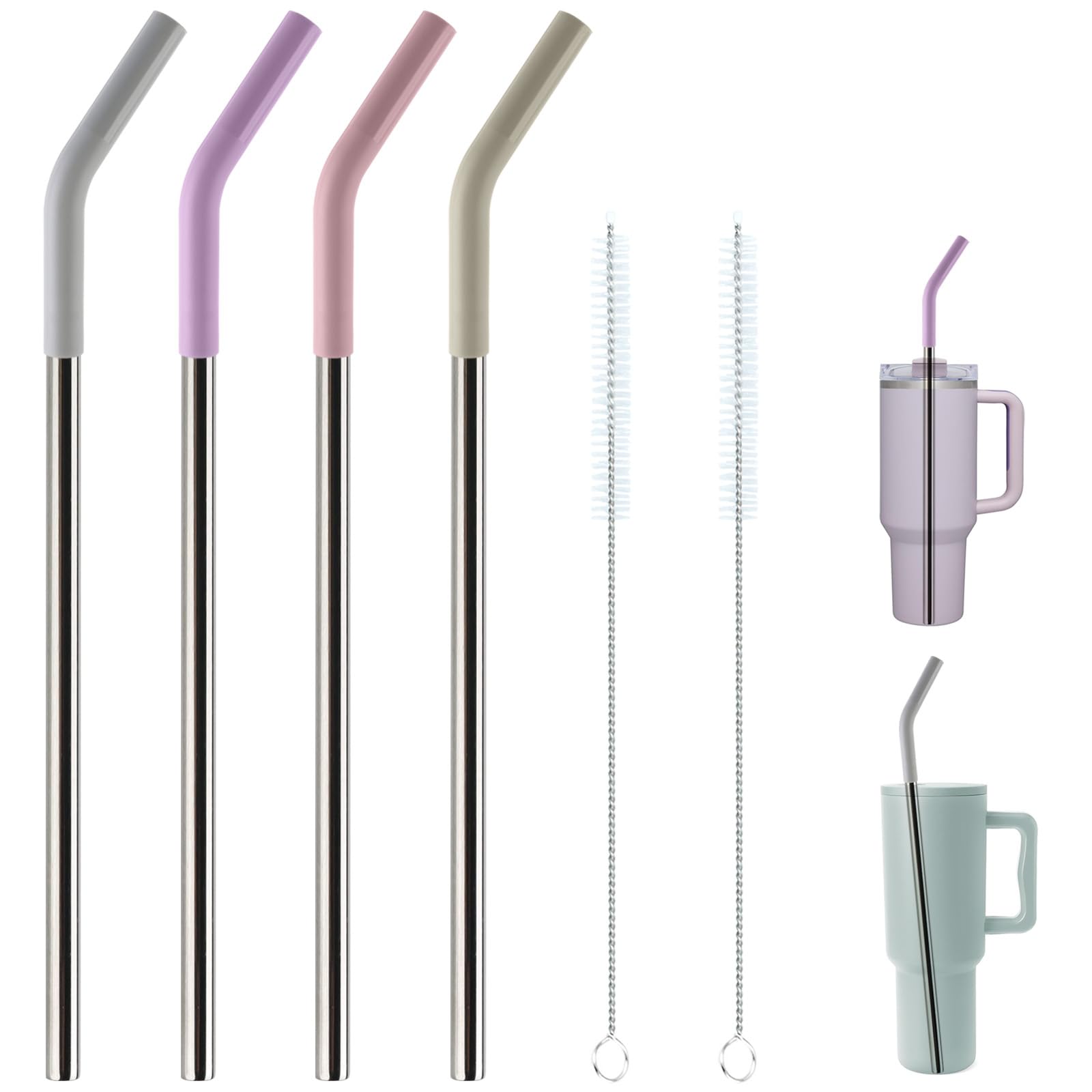 Replacement Straws for 40oz Tumblers,Metal Straws Reusable Compatible with Stanley 40oz Cup, 40 oz Tumbler Straw,4 Pack 12" Extra Long Stainless Steel Straws with Silicone Tips and Cleaner Brush