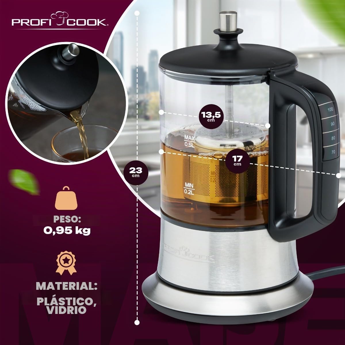 Profi Cook PC-TK 1165 1165-2 - Hervidor de agua y té (filtro permanente de acero inoxidable, 0,5 L, función de mantenimiento en caliente, carcasa de cristal y acero inoxidable), color negro y plateado
