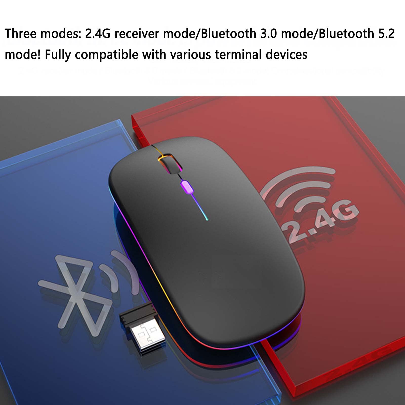 Mysz Mysz bezprzewodowa Mysz komputerowa do laptopa USB do gier Bluetooth Ergonomiczna mysz Urządzenie wskazujące Optyczne śledzenie Ładowalna kolorowa lampa oddechowa Regulowana czułość DPI(Schwarz)