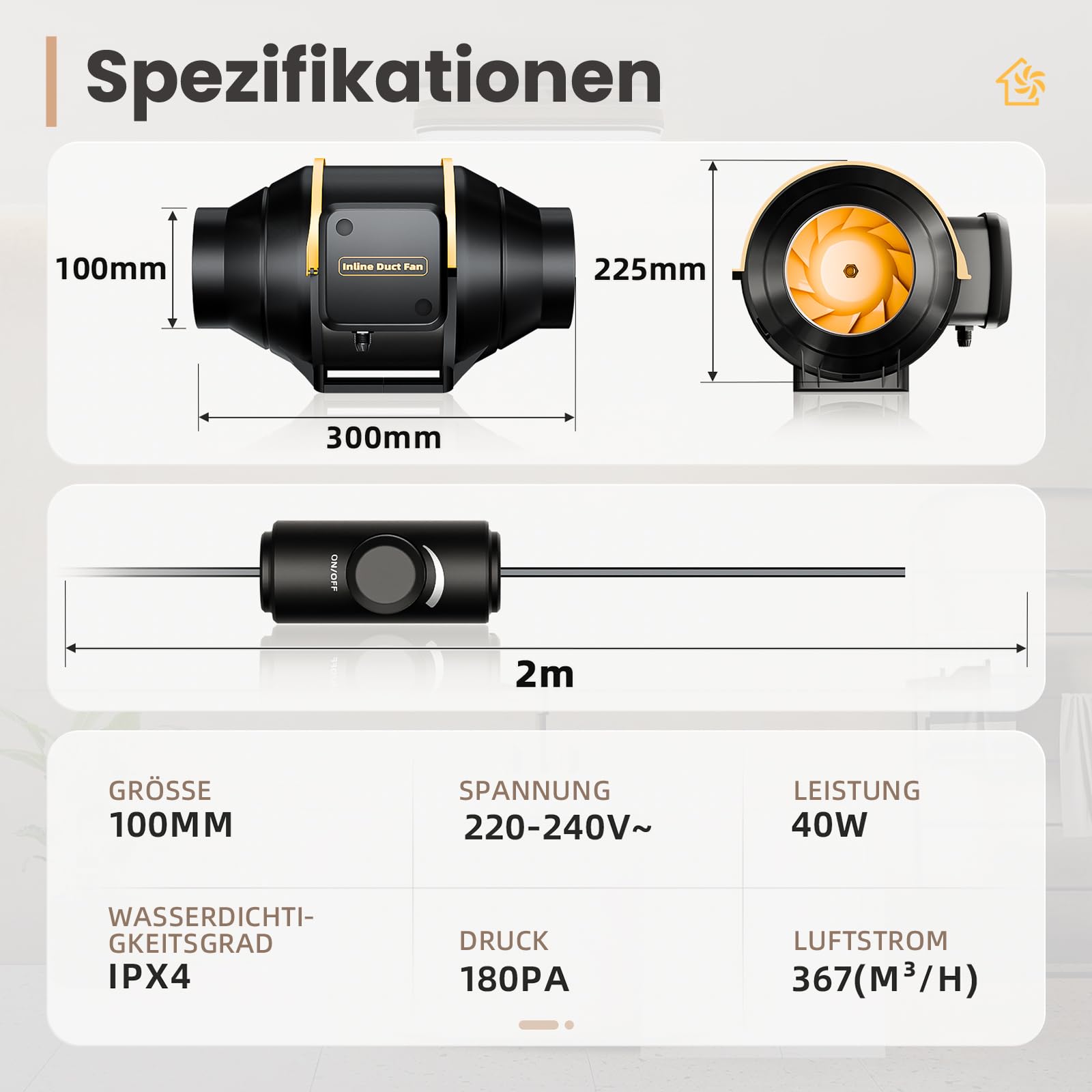 Rohrventilator 100 mm, Leise und Regelbar, Leistungsstark und Sparsam, Luftstrom 367 m³/h, Drehzahlregler inklusive, Überhitzungsschutz, für Gewächshaus und Belüftung