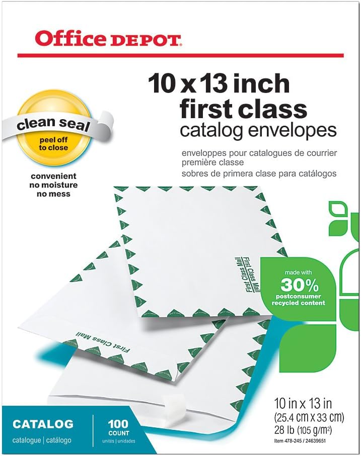 Office Depot Clean Seal(TM) First-Class Envelopes, 10in. x 13in., 30% Recycled, White, Box Of 100, 77930