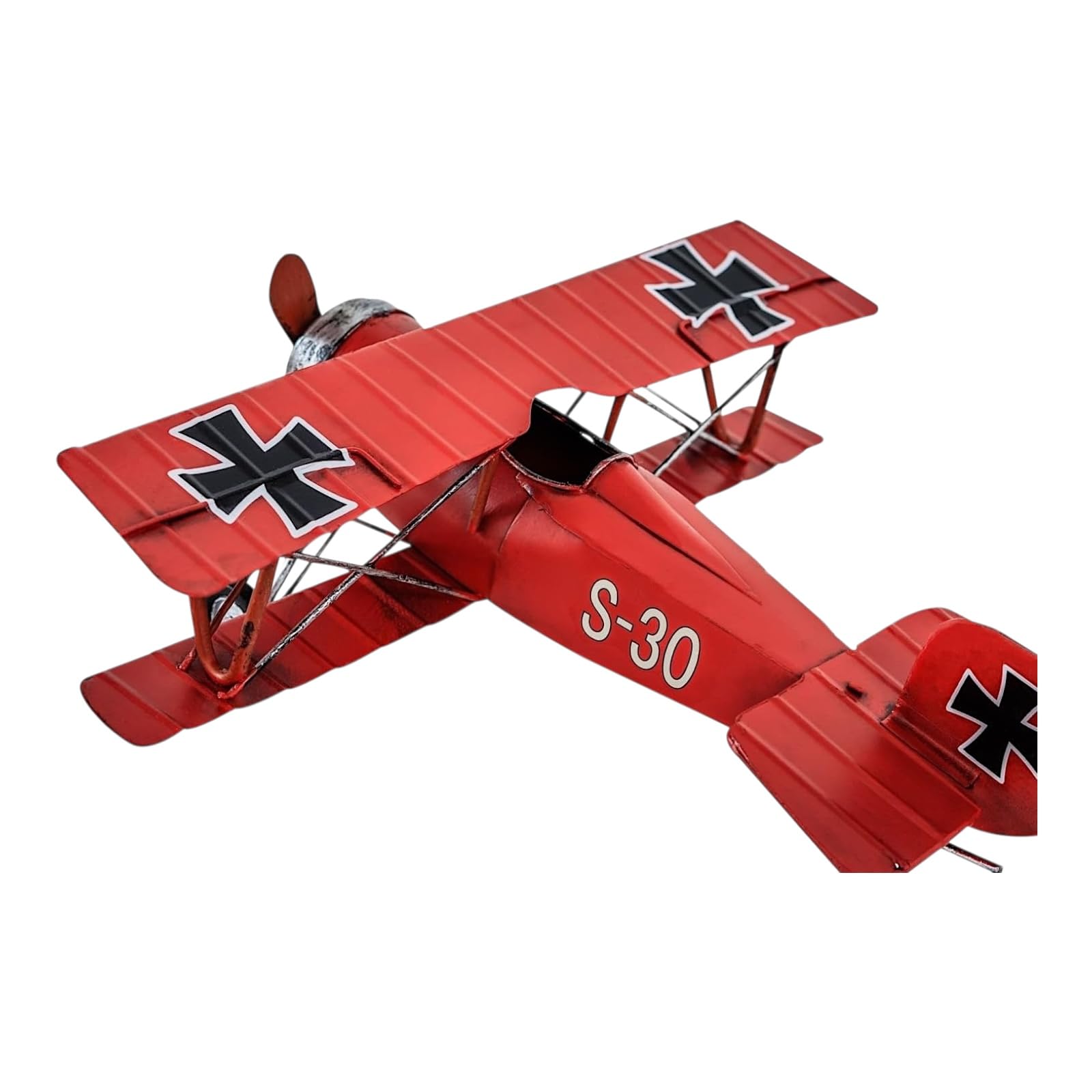 Red Baron Flugzeug Modell - Vintage Blech-Doppeldecker, handbemalt, dekorative Flugzeugskulptur 25 cm | Retro Luftfahrt Sammlerstück