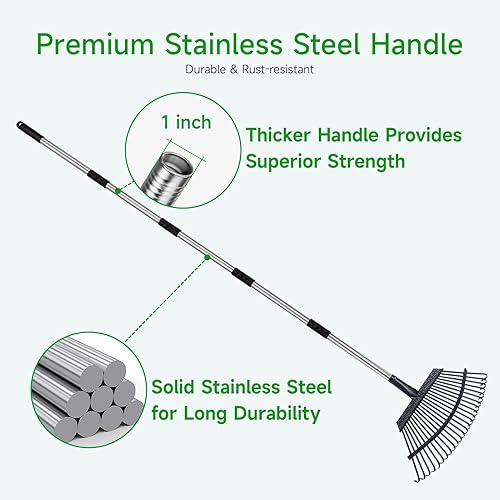 Miniatura 4 de Rastrillo para hojas resistente de 72 pulgadas de largo expandible, rastrillos de jardín de 18 pulgadas de ancho con 25 dientes reforzados y mango