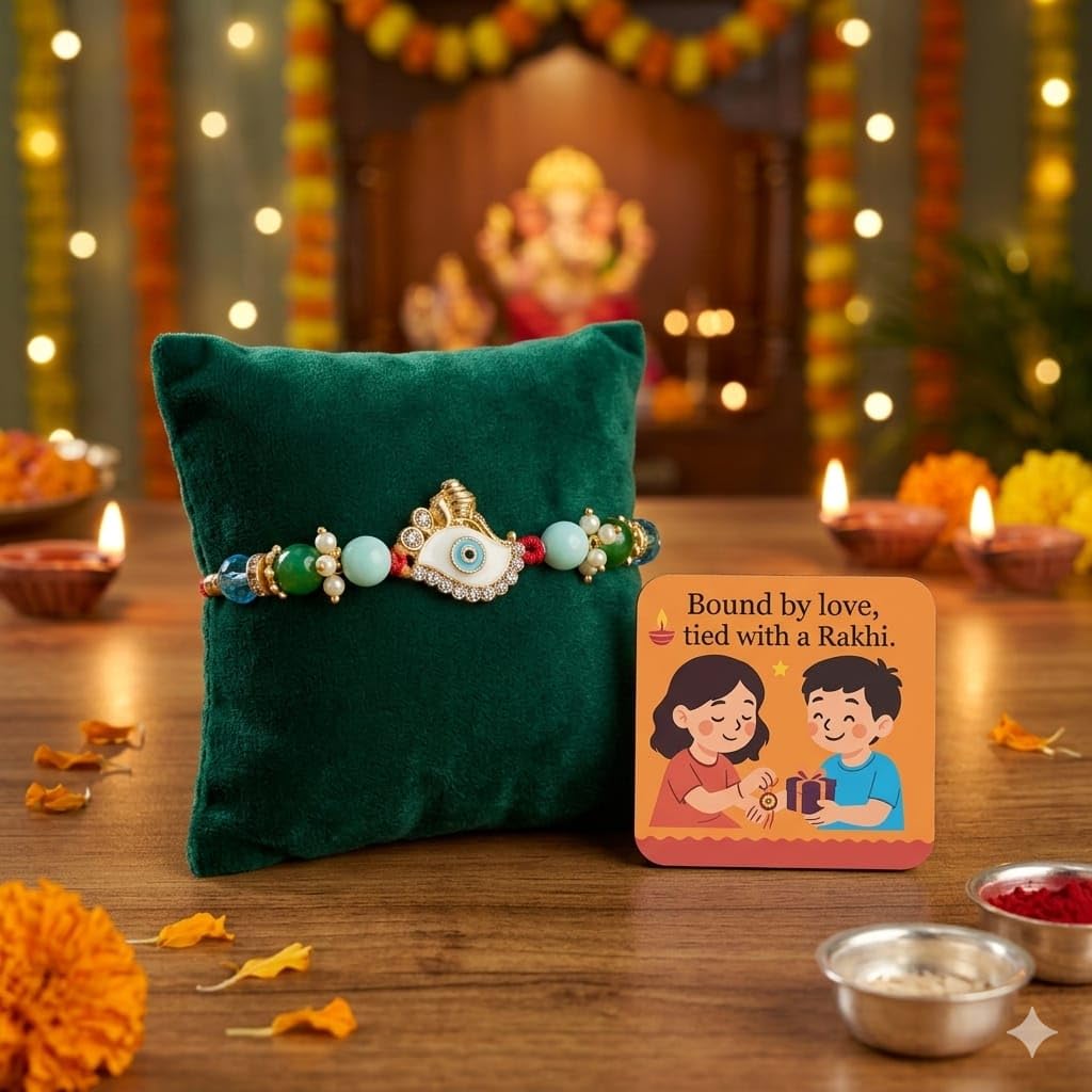 SAUDEEP INDIA Decorative Fridge Magnet for Refrigerator Decor | Evil Eye Rakhi for Brother | Raksha Bandhan Gift Combo Set | Cotton Thread Rakhi for Bhai Bhaiya | Festive Home Decor Item(Model 5)