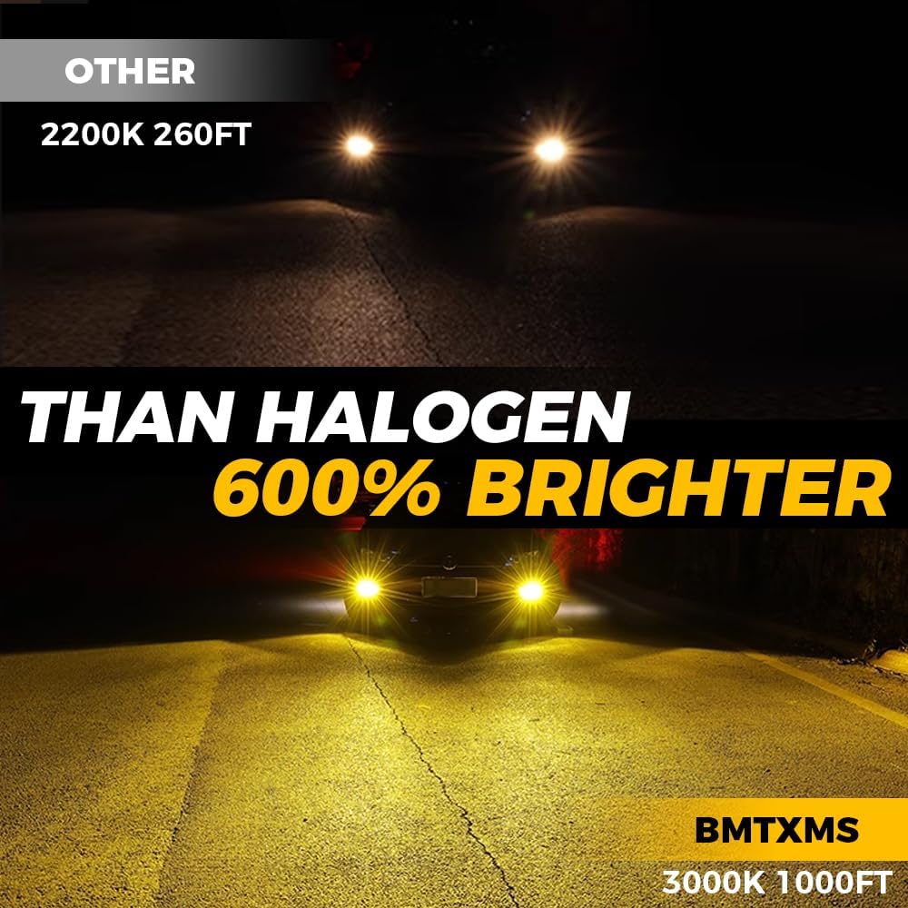 BMT xms 9006 Fog Light Bulbs - 3000K Amber Yellow Light - 600% Brighter HB4 Fog Lights, 1:1 Mini Size LED Lights for Car, Pack of 2
