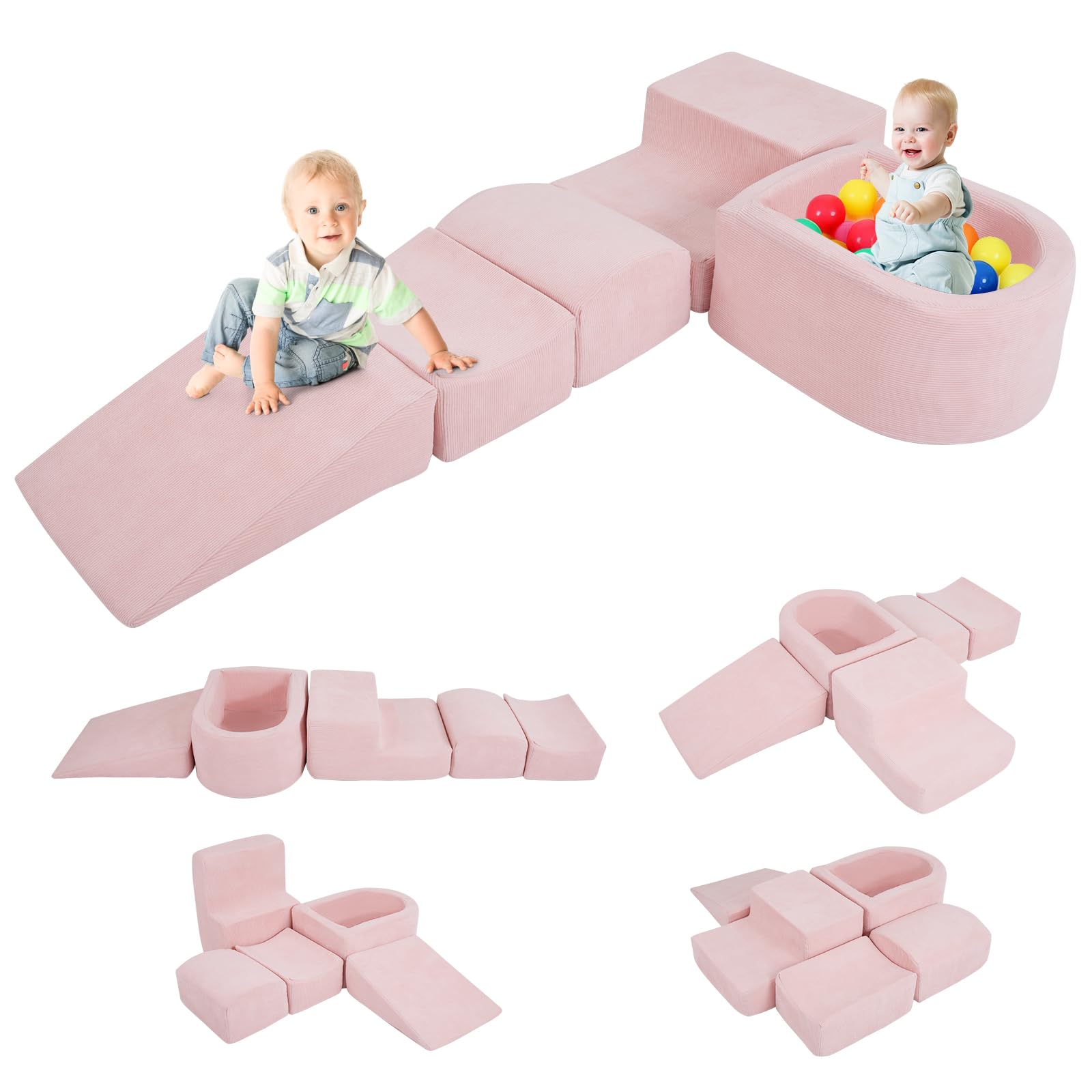 FANTASK 5-teilige Schaumstoffbausteine XXL, Riesen Kletterblöcke mit Bällebad, Großbausteine zum Toben & Klettern, Soft Spielbausteine für Zuhause, Kinderzimmer & Spielzimmer (Rosa, Cordstoff)