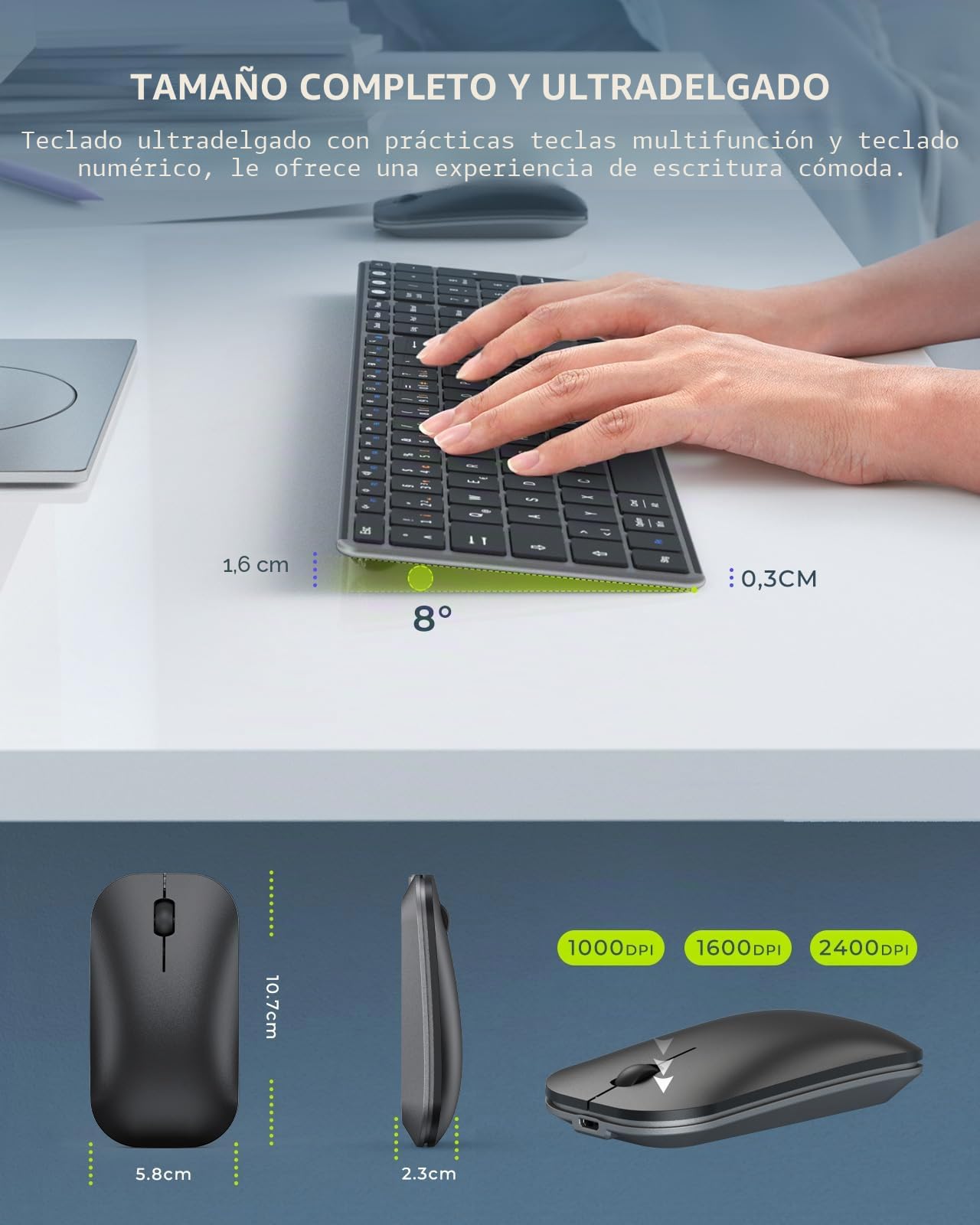 seenda Teclado y ratón inalámbricos, multidispositivo, USB y Bluetooth, juego de ratón para PC, teclado inalámbrico recargable ultrafino con ratón para Windows/Mac OS/Android, diseño QWERTZ (gris)