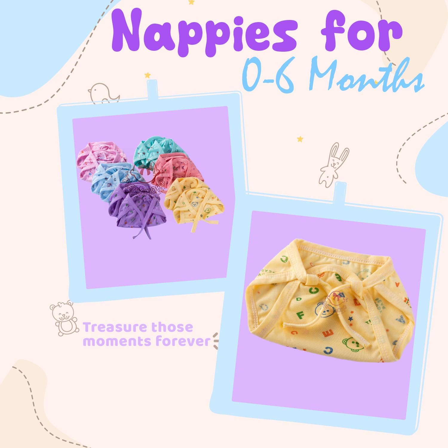 4INFANTSONLY New Born Baby's Cotton Cloth Nappy, Langots for New Born 0-6 Months, Newborn Baby Cloth Diapers, Baby Nappies 0-6 Months U Shaped Washable and Reusable Nappies Multicolor (Set of 10) 2