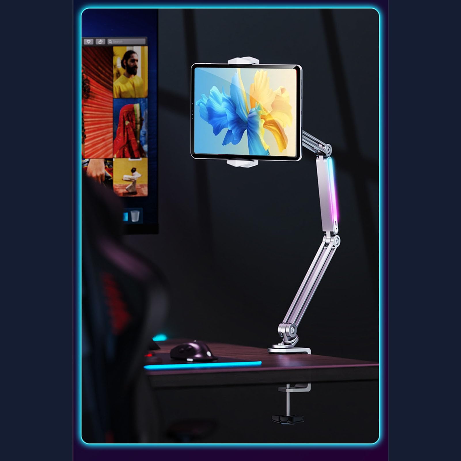 ASHATA Supporto per tablet da letto in metallo, rotazione a 360 gradi, supporto pieghevole da scrivania con braccio lungo con luce regolabile per telefono, tablet, supporto estensibile da 4 pollici a