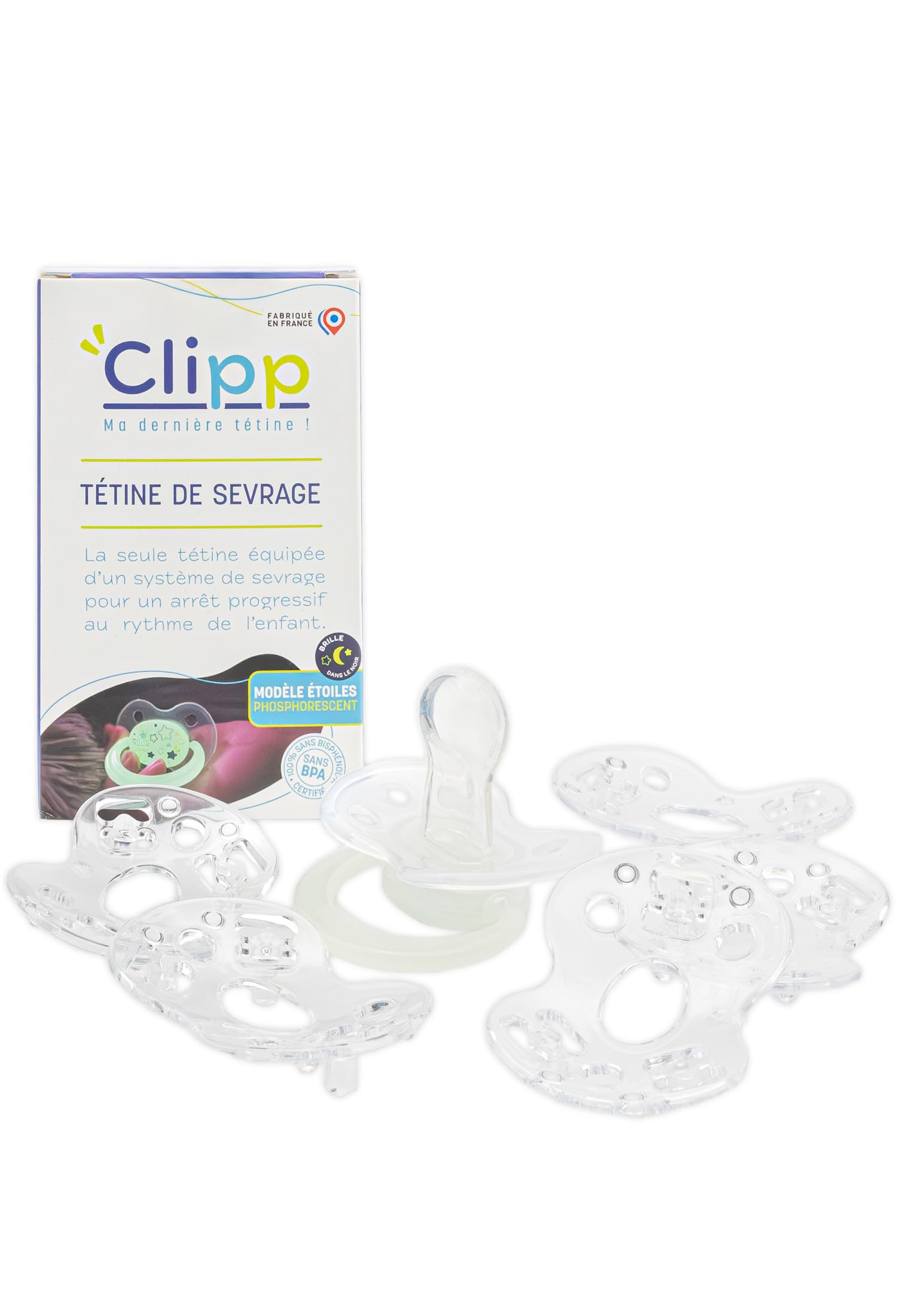 CLIPP Kit - Tétine de Sevrage Phosphorescente + 5 Collerettes pour Arrêt Progressif + Notice - Sevrage par Paliers, Facile et en Douceur - Dispositif Breveté - Fabriqué en France - À Partir de 2 Ans - 1