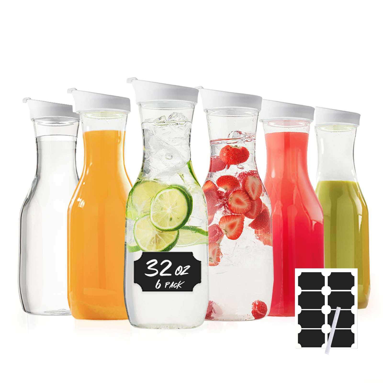Cuiselect Water Carafe with Lid, 32 Oz Round Plastic Pitcher for Drinks, Milk, Mimosa Bar Supplies, Iced Tea, Juice Containers with Lids for Fridge,