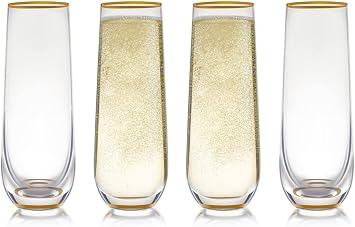 Stemless Champagne Flute Glass Set Of 4 With Gold Rim And Base - Mimosa Glass - Perfect For Bridesmaid Champagne Flute Or Dailyware - Set Of 4 Champagne Flutes Without Stems by Trinkware