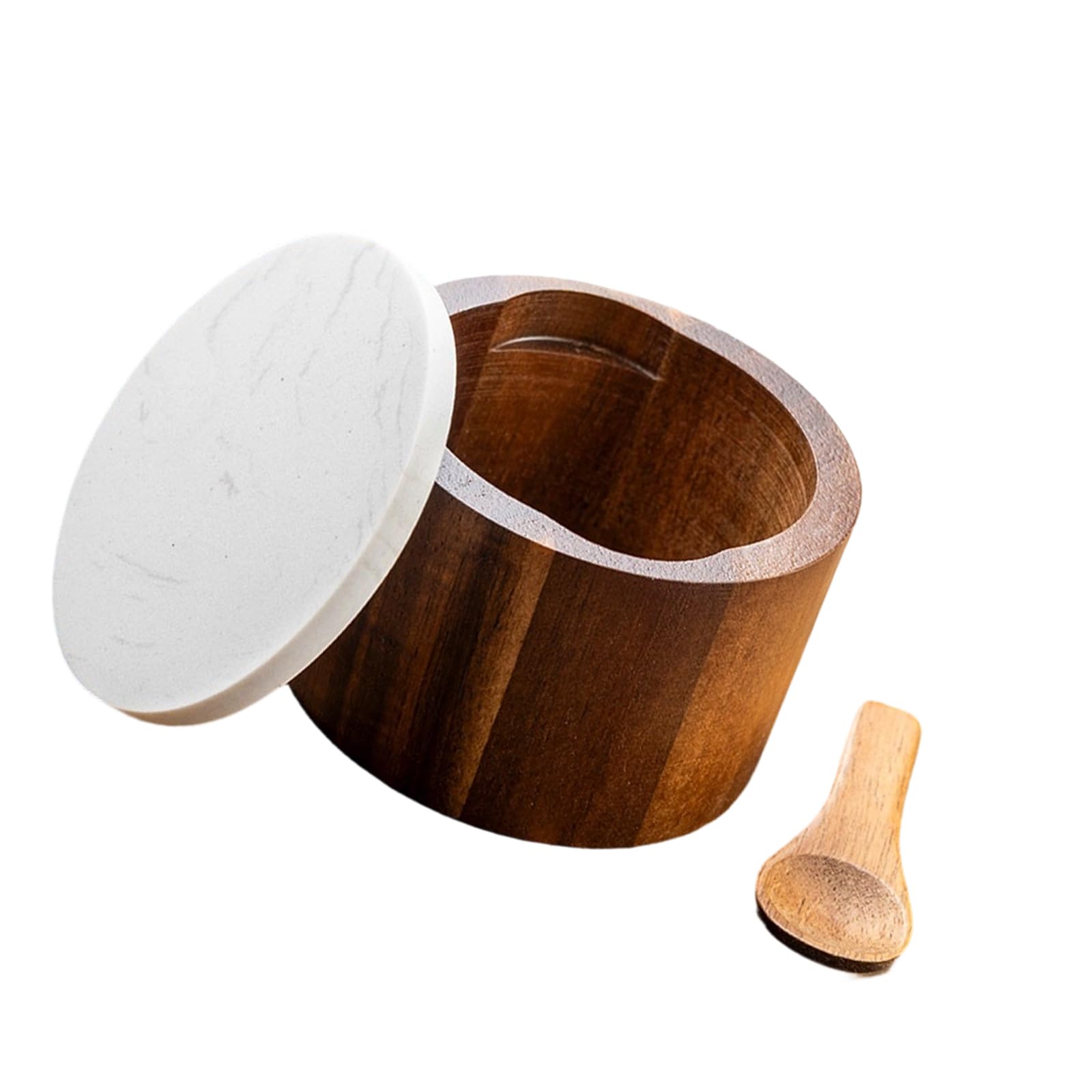 ZEPFJHE Handcrafted Wooden Condiment Holder with Stone Lid and Spoon for Seasoning Meal Cart Kitchen Planner