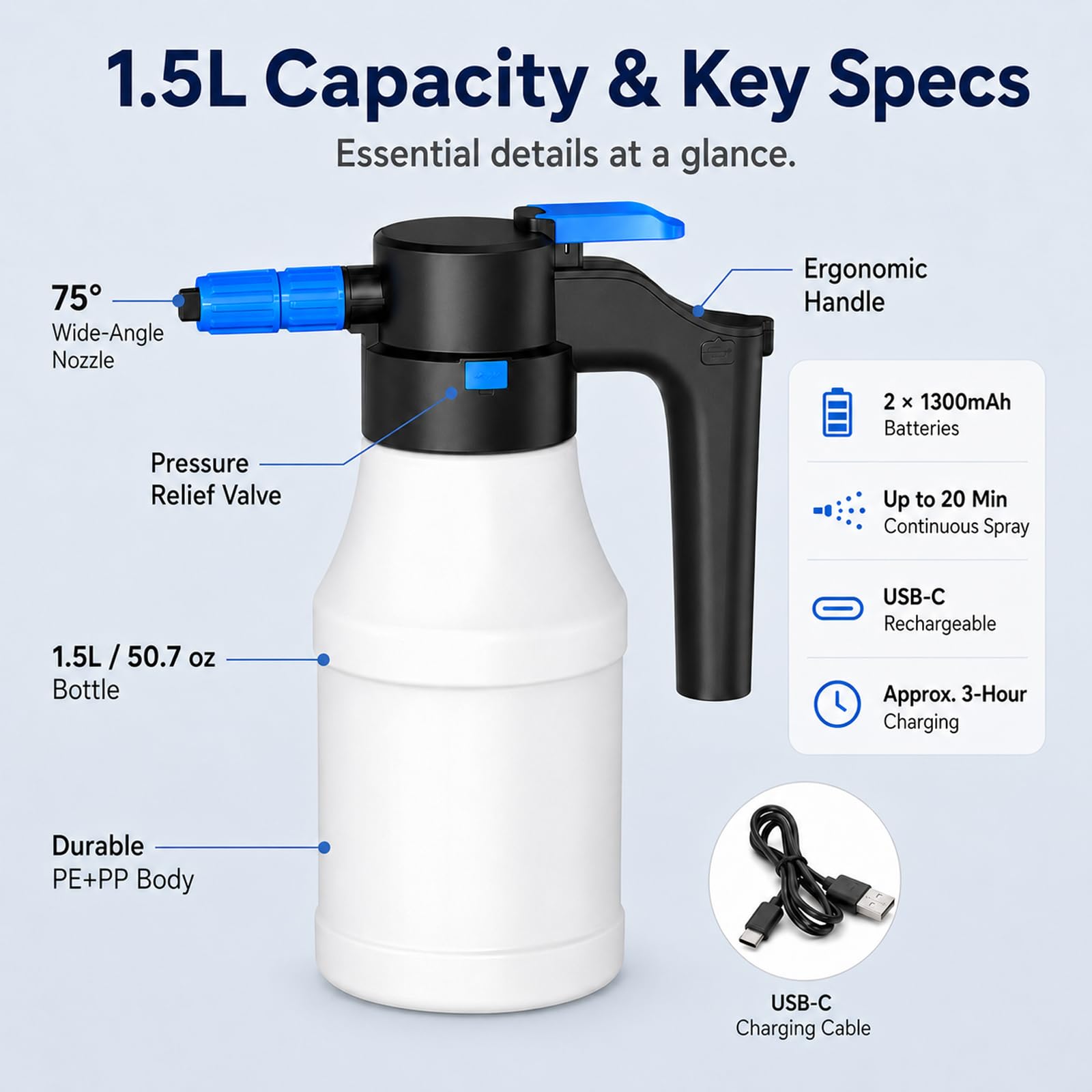 Pulvérisateur À Mousse Électrique 1,5 L, Pulvérisateur De Jardin Électrique À Pression Portatif Rechargeable Par Usb, Paire Gants Lavage Auto Pour Nettoyage Du Jardin,Voiture Et Maison